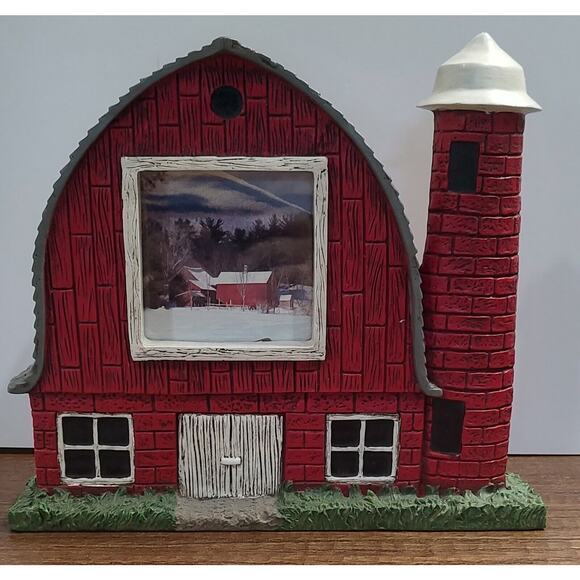 Ceramic Red Barn Shaped Picture Frame Mantle Wall Desk Table Silo Farm Scene - Picture 1 of 3